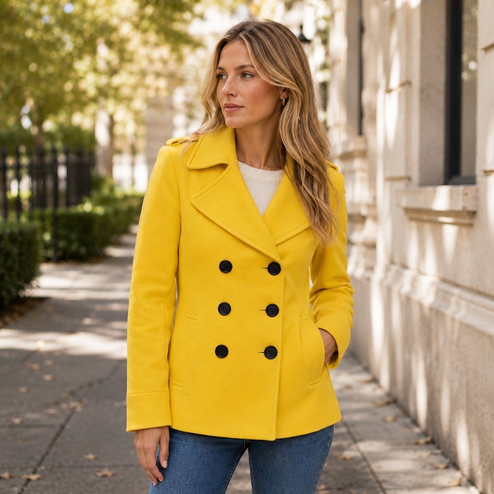 Moda International Pea Coat Womens S Yellow Wool Blend Double Breasted Epaulets